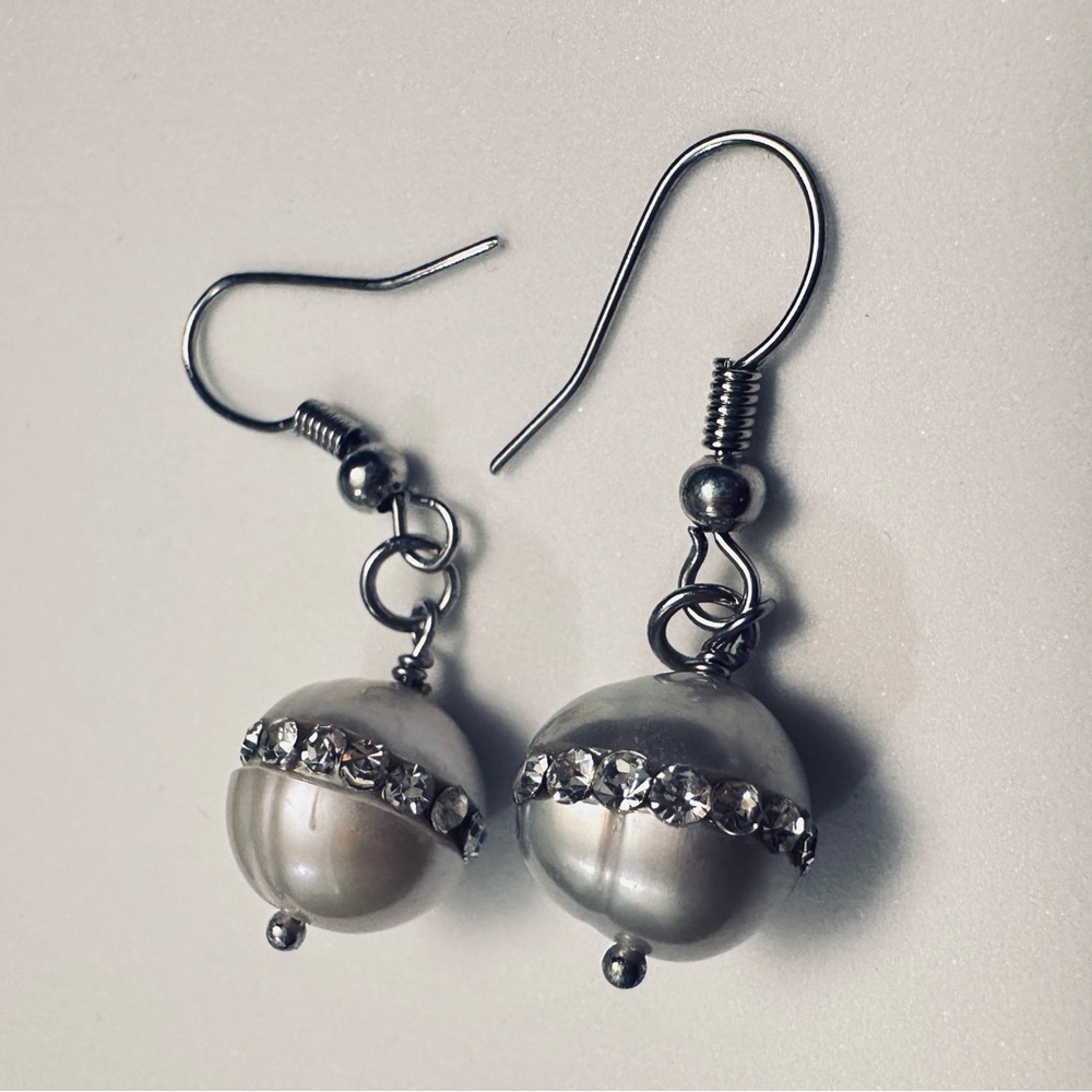Silver Dangling 9mm Silver Pearl Drop Earrings Sparkling Rhinestones 1.5” Long